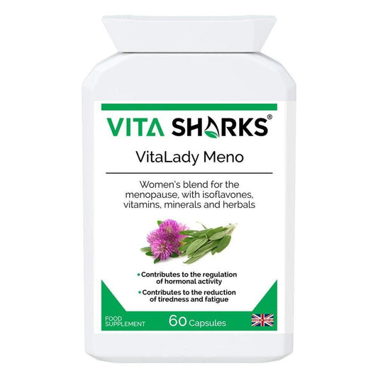 White bottle of VitaLady Meno herbal capsules with a green label, featuring red clover and sage leaf illustrations.