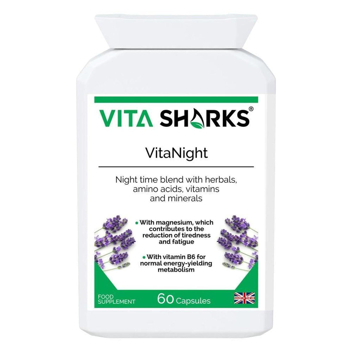 White bottle of VitaNight sleep supplement capsules featuring a green label with lavender illustrations and 60 capsule count.