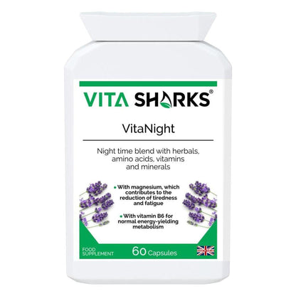 White bottle of VitaNight sleep supplement capsules featuring a green label with lavender illustrations and 60 capsule count.