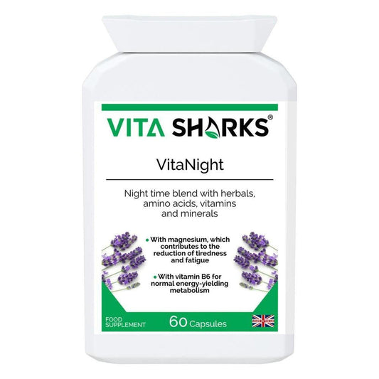 White bottle of VitaNight sleep supplement capsules featuring a green label with lavender illustrations and 60 capsule count.