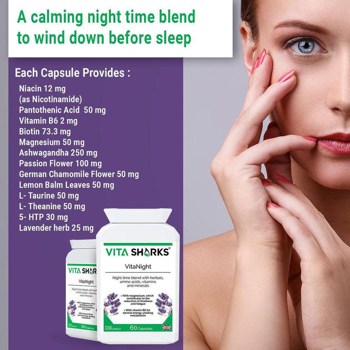 VitaNight supplement bottle with ingredient list and a woman resting her face on her hand against a purple background.