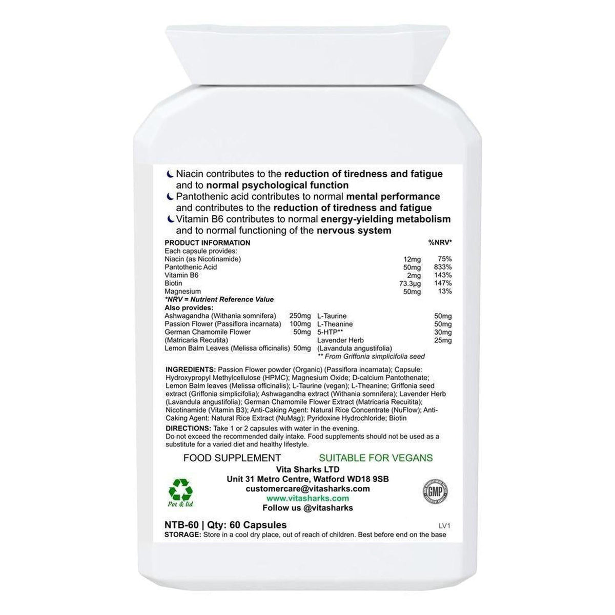White VitaNight supplement bottle back label with detailed ingredients, nutritional information, and usage instructions.