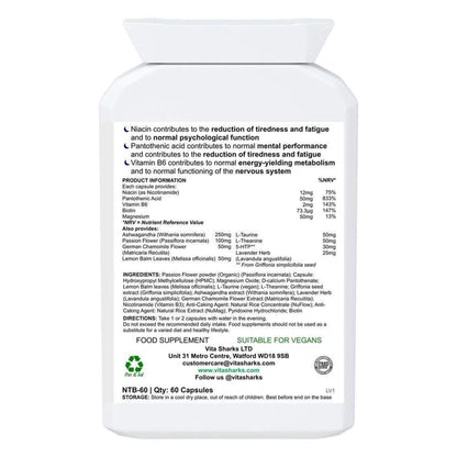 White VitaNight supplement bottle back label with detailed ingredients, nutritional information, and usage instructions.