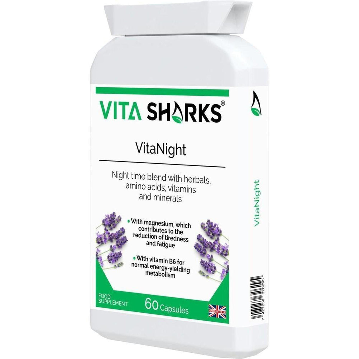 White plastic bottle of VitaNight sleep supplement capsules with green branding and lavender illustrations on the label.