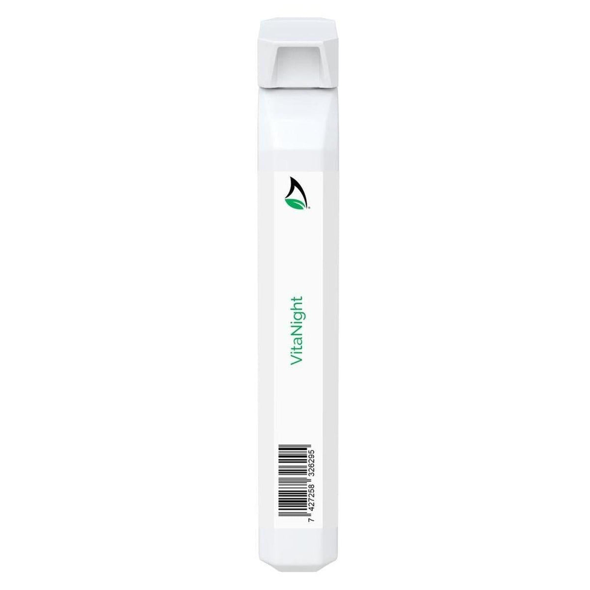 Slim white VitaNight botanical supplement stick with a green leaf logo, branding text, and a barcode on a white background.