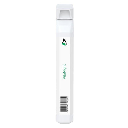 Slim white VitaNight botanical supplement stick with a green leaf logo, branding text, and a barcode on a white background.