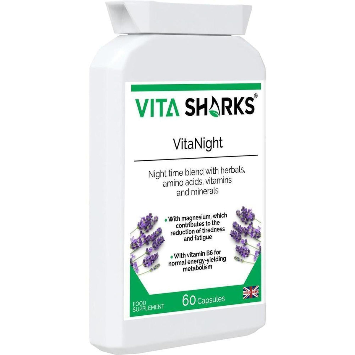 White plastic bottle of VitaNight sleep supplement capsules with a green label featuring lavender illustrations.