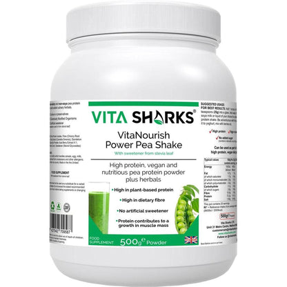 White 500g tub of VitaNourish Power Pea Shake with green label, nutritional info, and pea imagery.