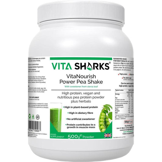 White 500g tub of VitaNourish Power Pea Shake with green label, nutritional info, and pea imagery.
