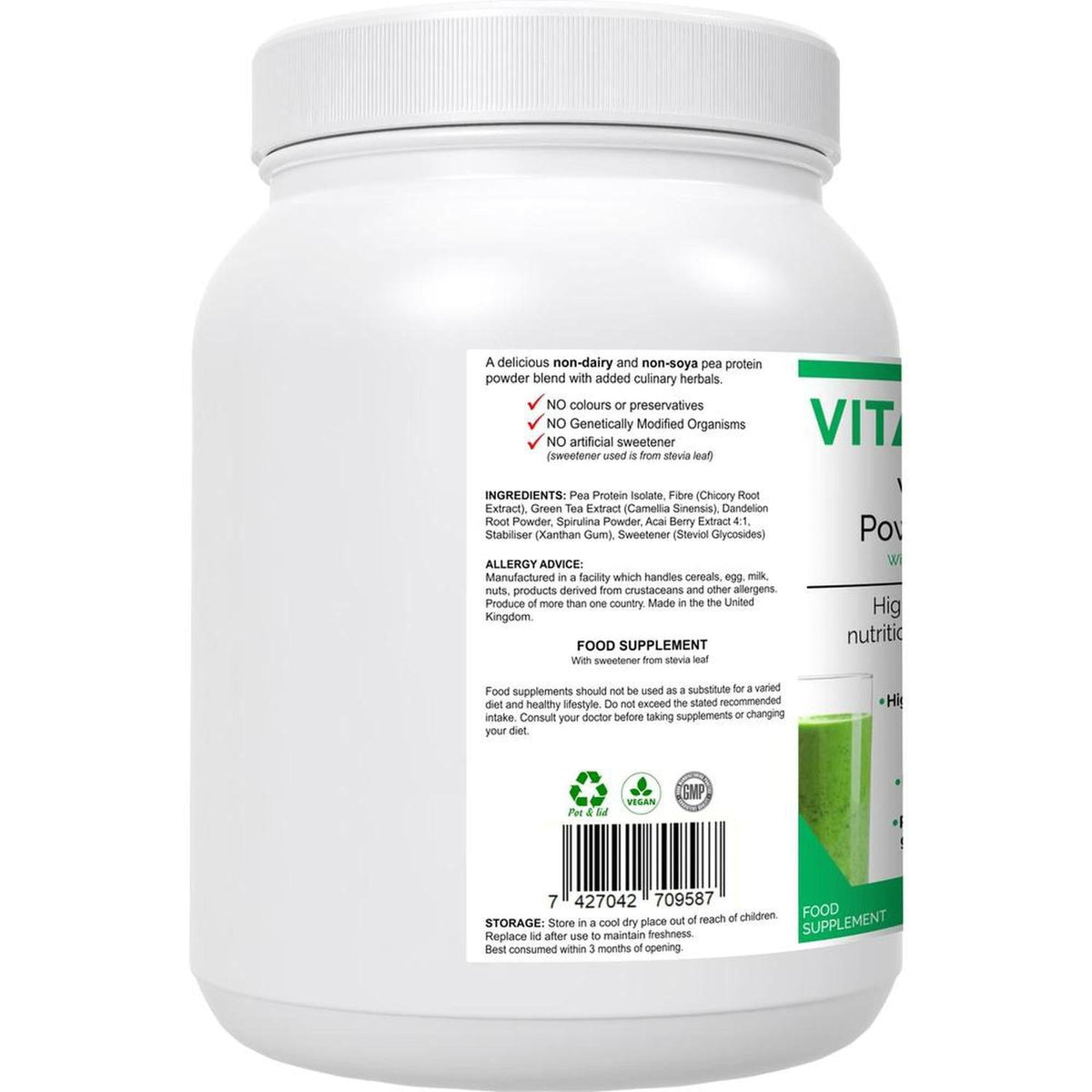 White plastic tub of VitaNourish Power Pea Shake featuring a green and white label with ingredient details and vegan icons.