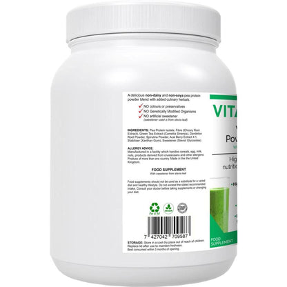 White plastic tub of VitaNourish Power Pea Shake featuring a green and white label with ingredient details and vegan icons.