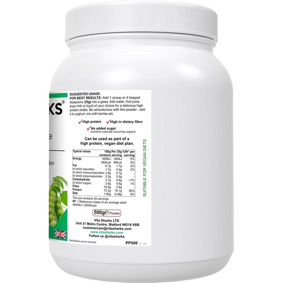 White 500g tub of VitaNourish Power Pea Shake showing nutritional information and a green pea graphic on the label.