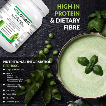 VitaNourish Power Pea Shake tub next to a bowl of green protein smoothie, fresh peas, and basil leaves on a dark surface.