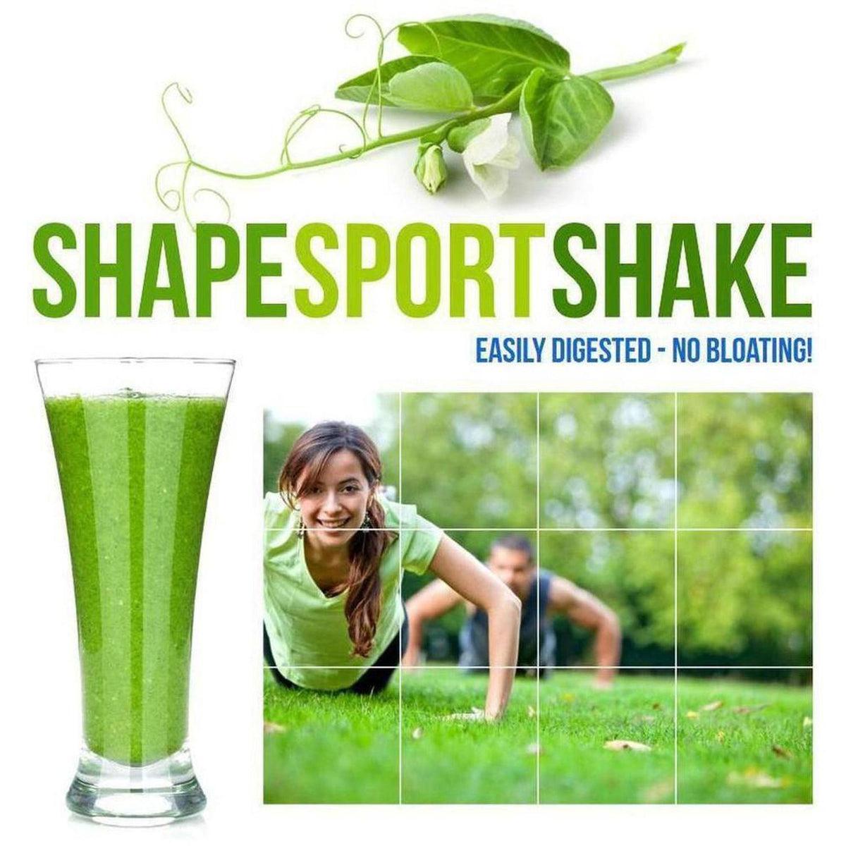 Glass of green pea protein shake next to a woman doing push-ups on grass with the text SHAPESPORTSHAKE above.