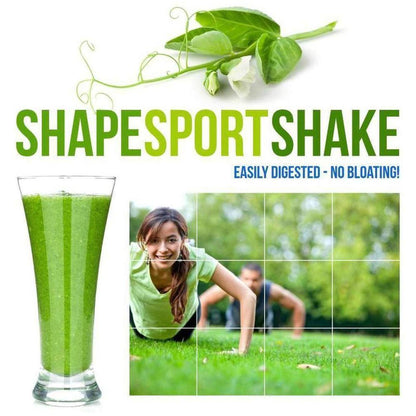Glass of green pea protein shake next to a woman doing push-ups on grass with the text SHAPESPORTSHAKE above.