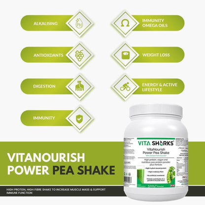 VitaNourish Power Pea Shake 500g tub with green labels and infographic icons highlighting health benefits.