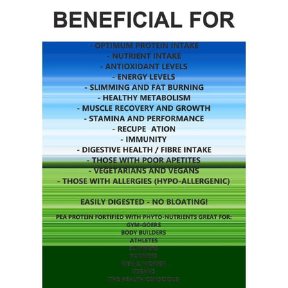Blue and green gradient infographic listing health benefits and target users for VitaNourish Power Pea protein shake.