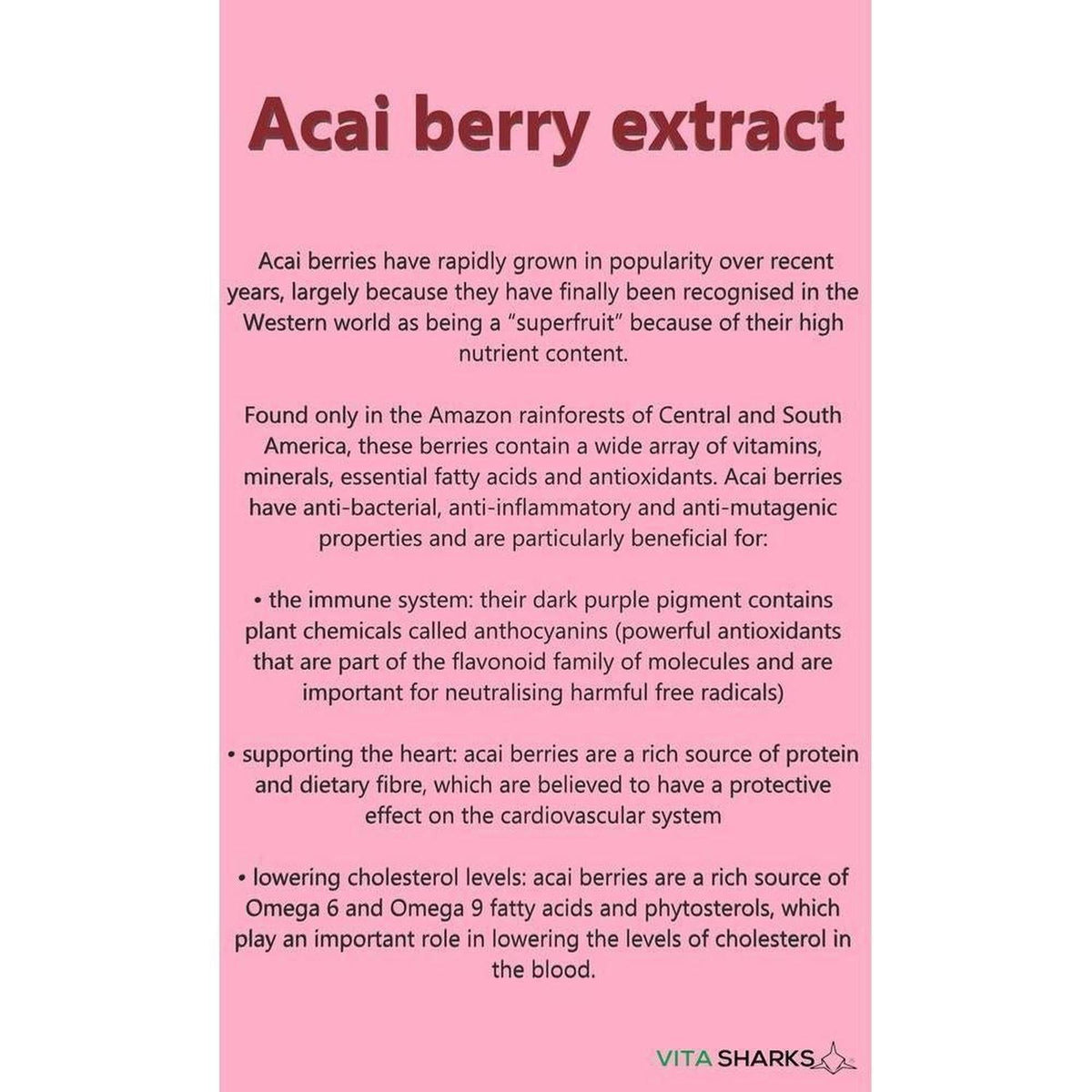 Informative pink infographic card detailing the health benefits and antioxidant properties of Acai berry extract.