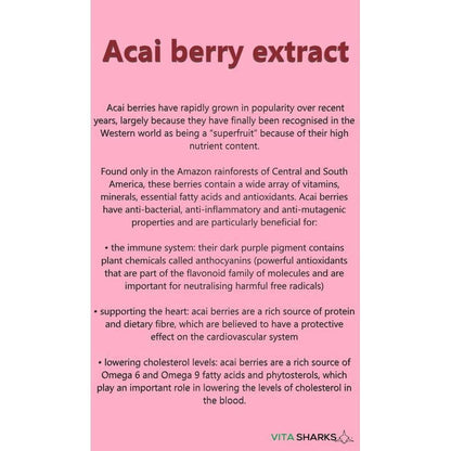 Informative pink infographic card detailing the health benefits and antioxidant properties of Acai berry extract.