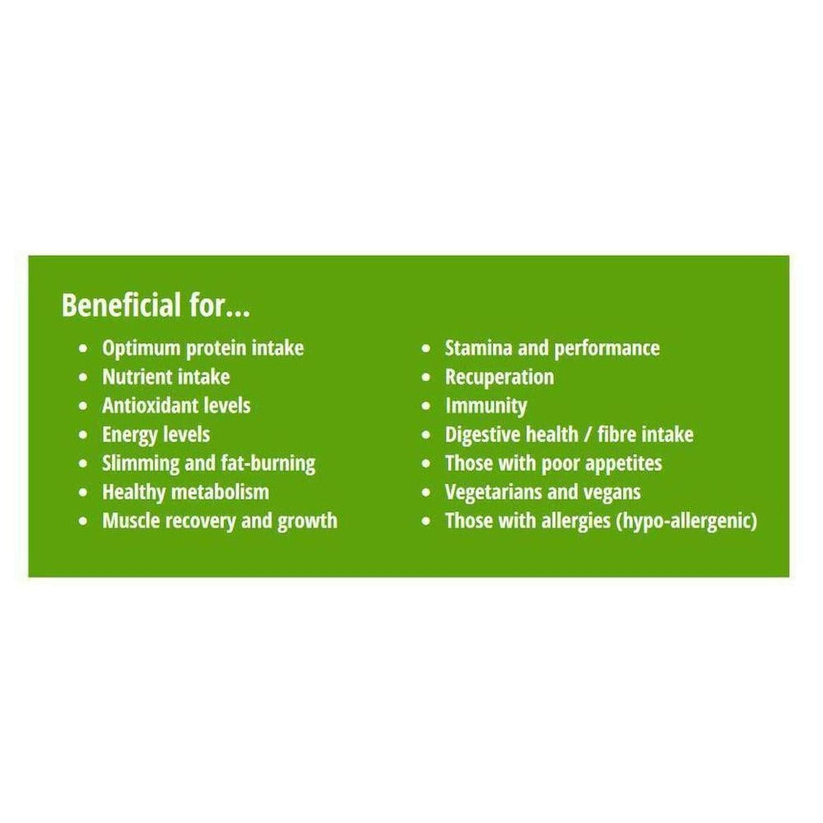 Green infographic list detailing health benefits of VitaNourish Power Pea Shake for fitness and digestion.