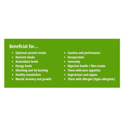Green infographic list detailing health benefits of VitaNourish Power Pea Shake for fitness and digestion.