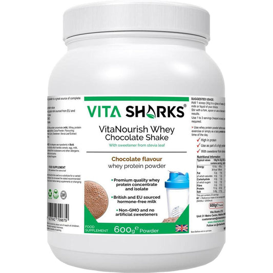 600g tub of VitaNourish chocolate whey protein powder with white label, green accents, and nutritional information details.