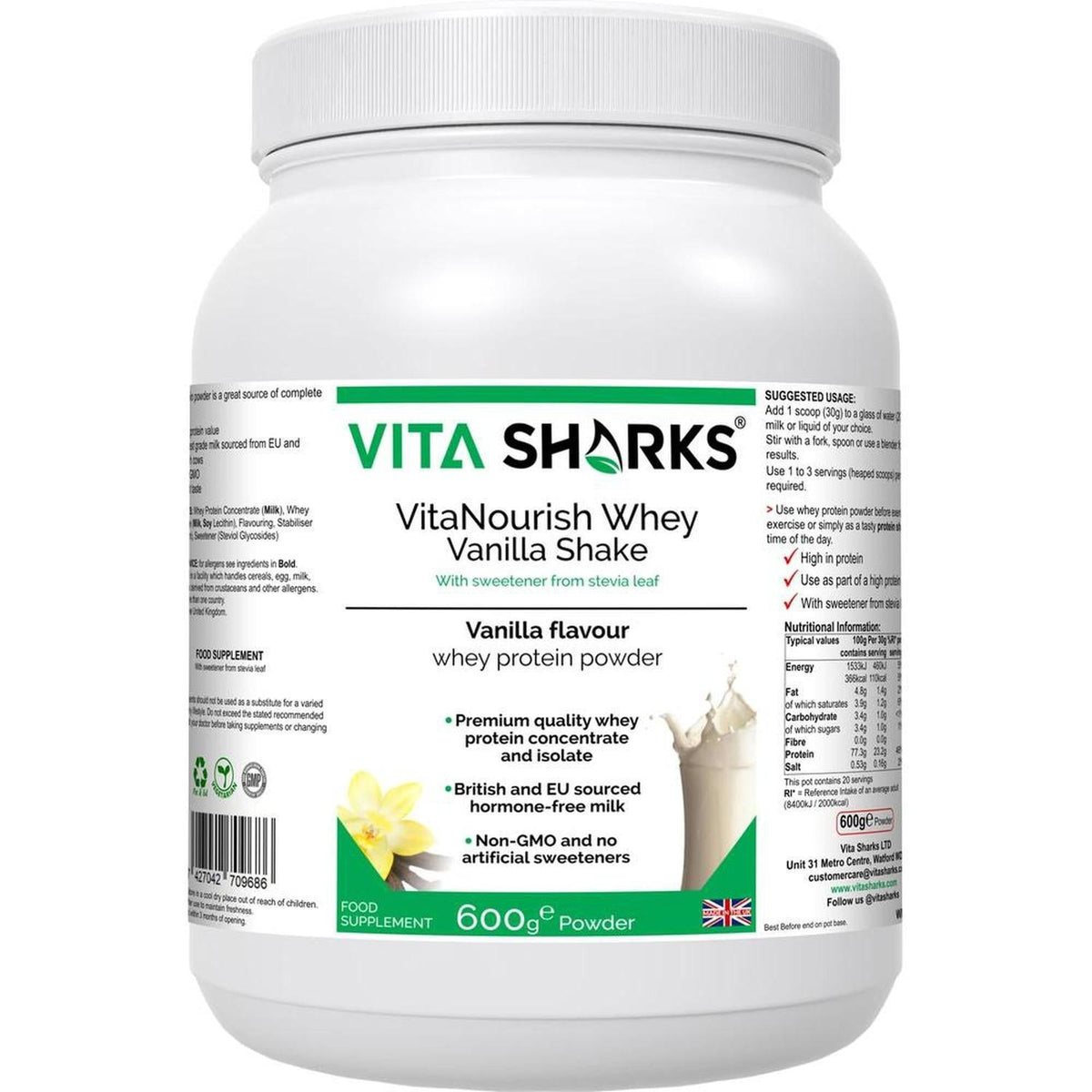 White 600g tub of VitaNourish Whey Vanilla protein powder with green branding and detailed nutritional information.