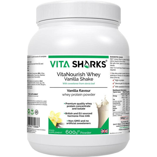 White 600g tub of VitaNourish Whey Vanilla protein powder with green branding and detailed nutritional information.