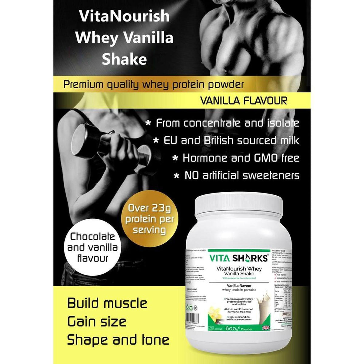 VitaNourish Whey Vanilla protein powder tub with black and white fitness imagery and nutritional highlights on a yellow background.
