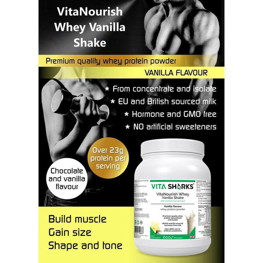 VitaNourish Whey Vanilla protein powder tub with black and white fitness imagery and nutritional highlights on a yellow background.
