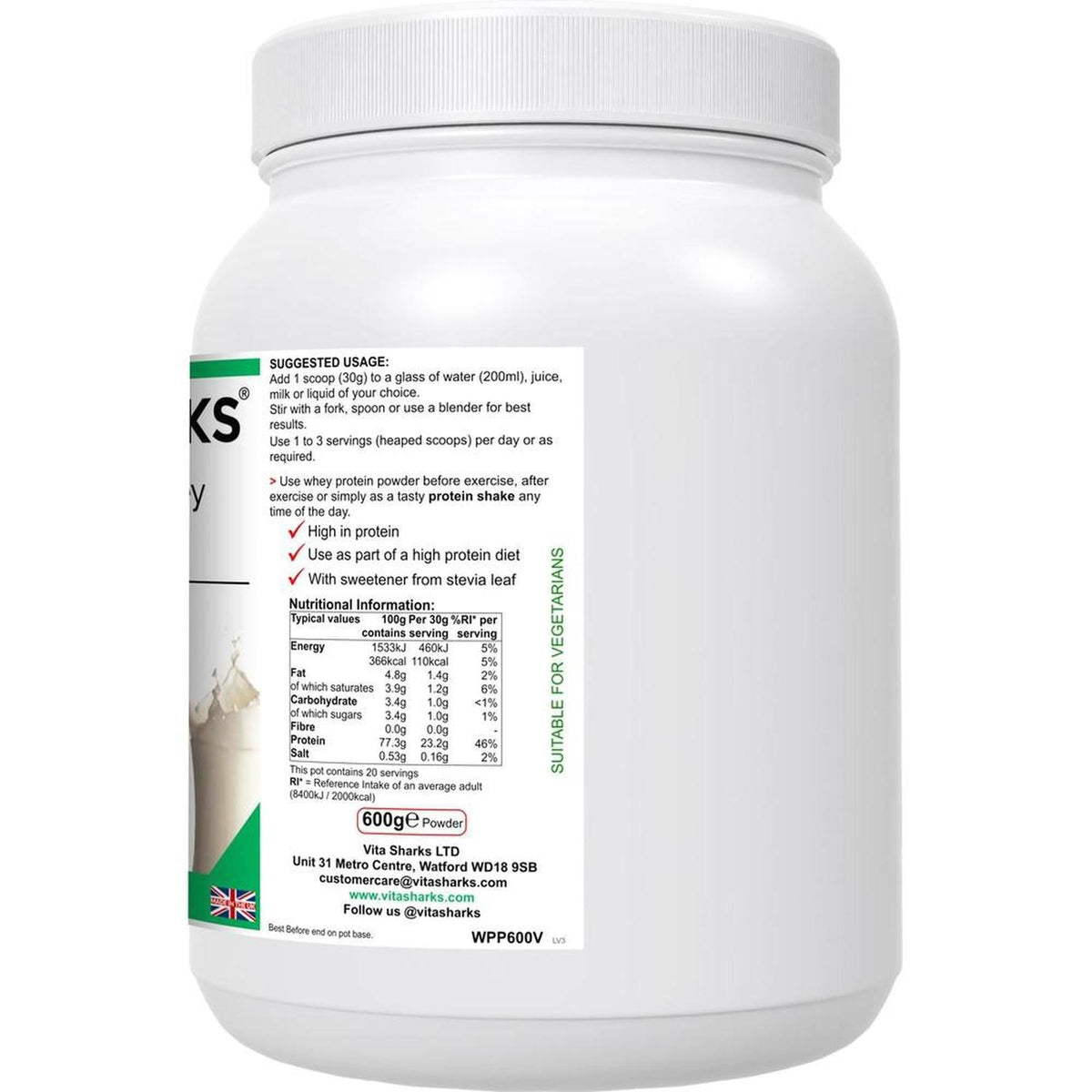 White plastic tub of VitaNourish Whey Vanilla protein powder featuring a detailed nutritional label and usage guide.