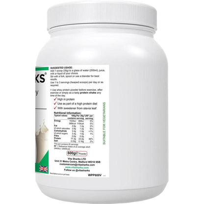 White plastic tub of VitaNourish Whey Vanilla protein powder featuring a detailed nutritional label and usage guide.