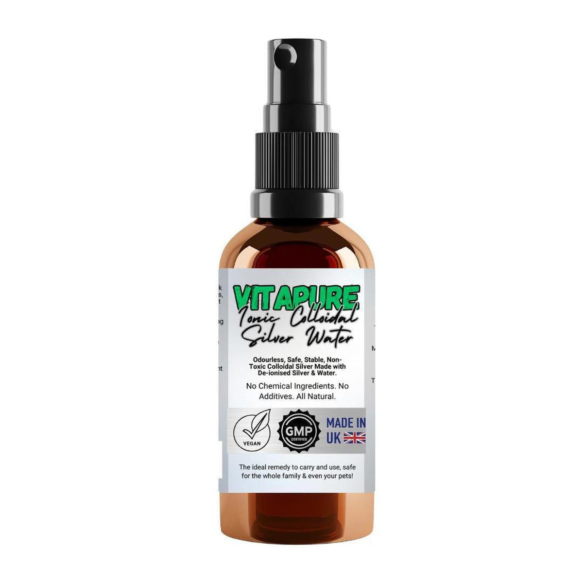 50ml VitaPure ionic colloidal silver spray in a copper-colored bottle with a black pump nozzle and white label.