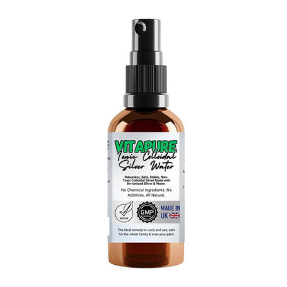 50ml VitaPure ionic colloidal silver spray in a copper-colored bottle with a black pump nozzle and white label.