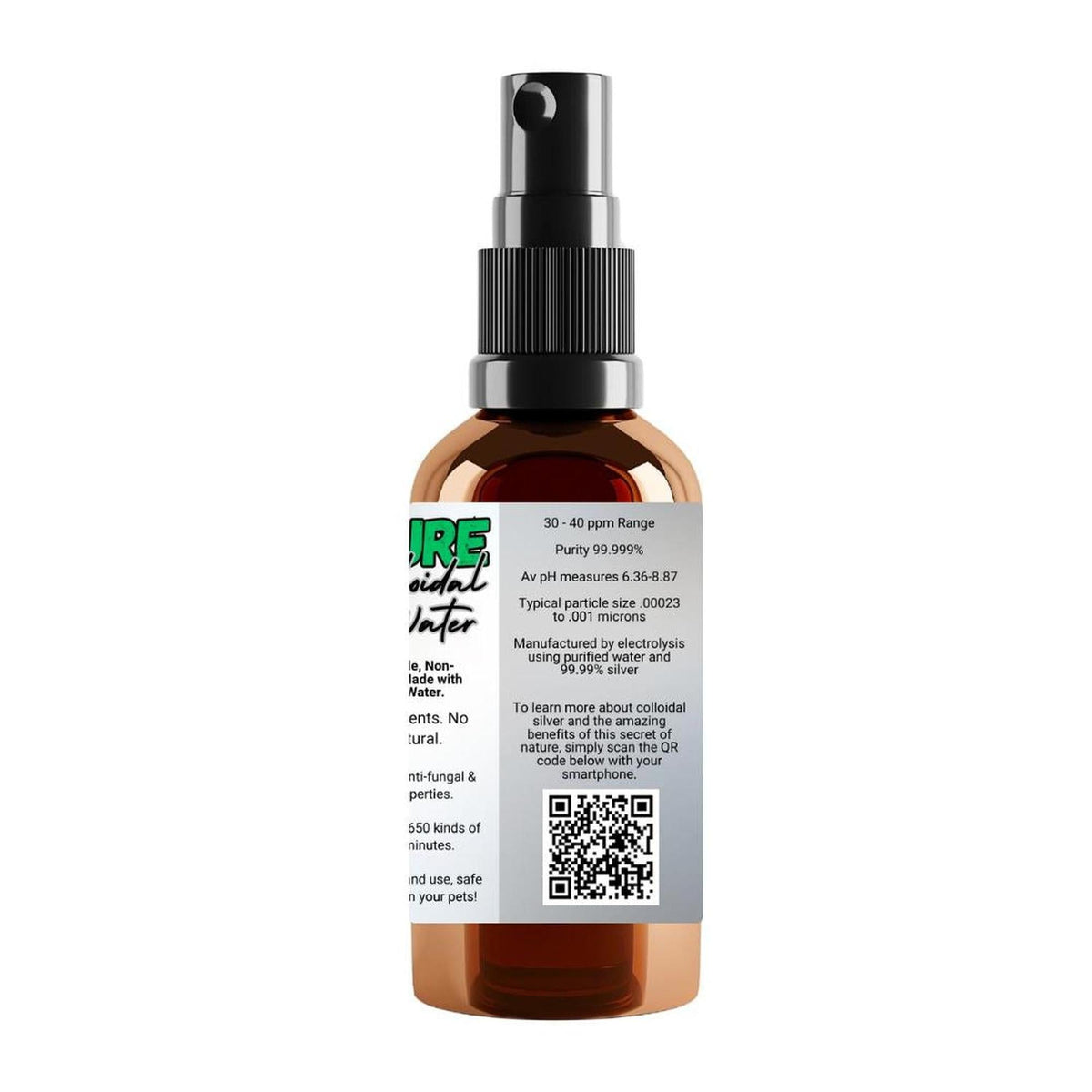 50ml amber glass spray bottle of VitaPure ionic colloidal silver with a detailed product label and QR code.