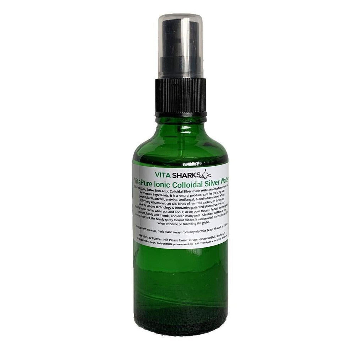 50ml green spray bottle of VitaPure Ionic Colloidal Silver with a white label and black text against a white background.