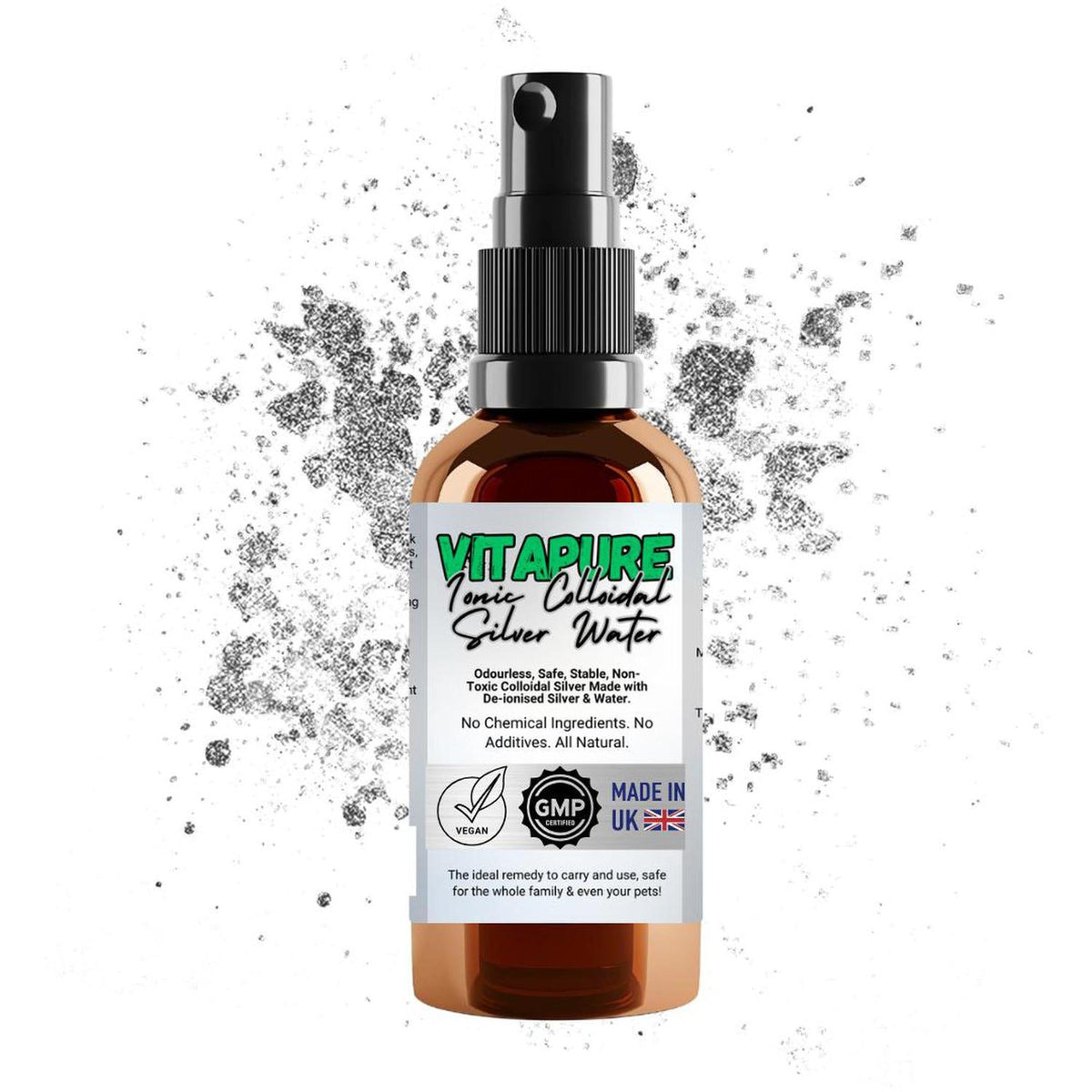 50ml amber spray bottle of VitaPure Ionic Colloidal Silver Water with a white label against a silver glitter background.