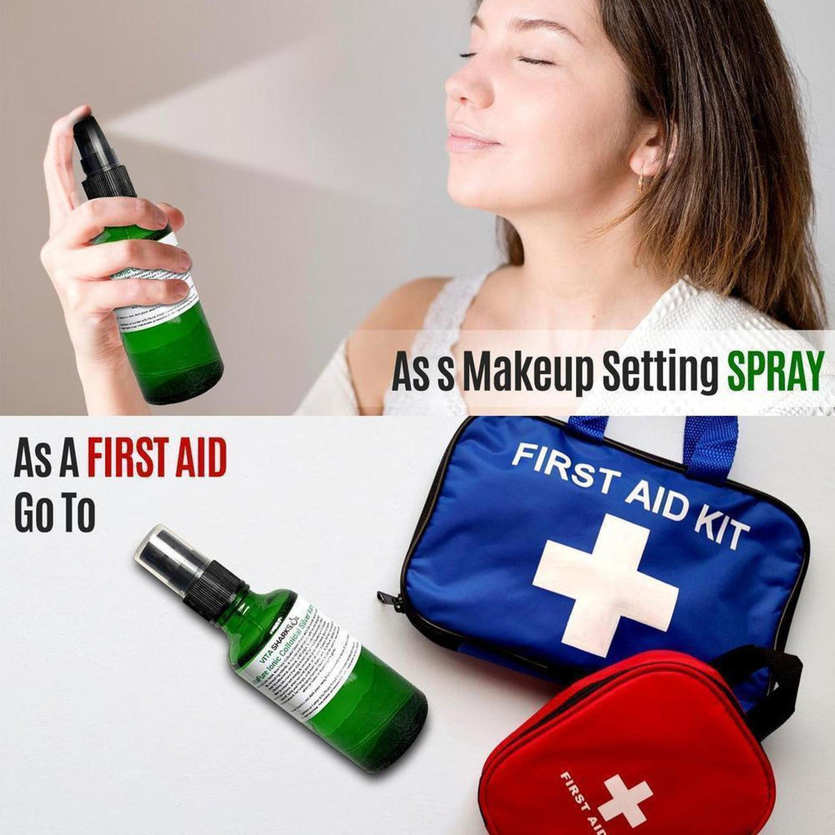 Woman spraying VitaPure 50ml green glass bottle with black pump next to blue and red first aid kits.