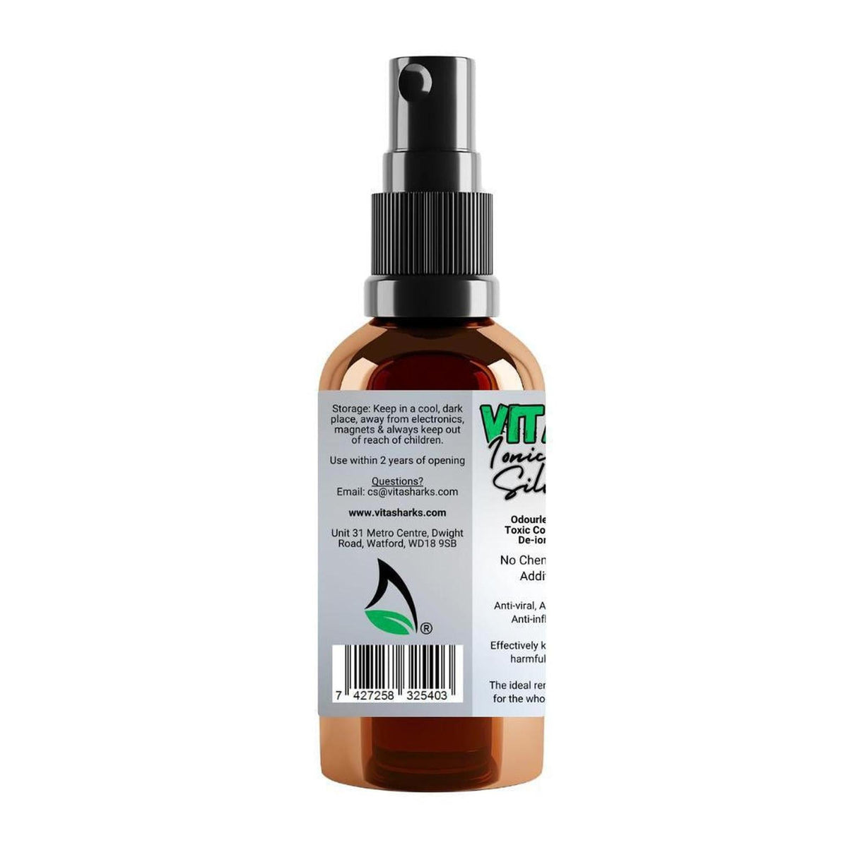 Amber 50ml spray bottle of VitaPure Ionic Colloidal Silver with a black pump nozzle and detailed product label.