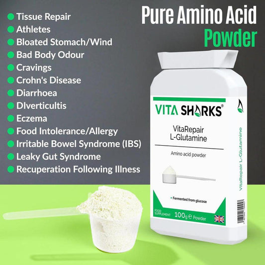 VitaRepair L-Glutamine 100g powder tub with a measuring scoop, displayed next to a list of health benefits on a green background.
