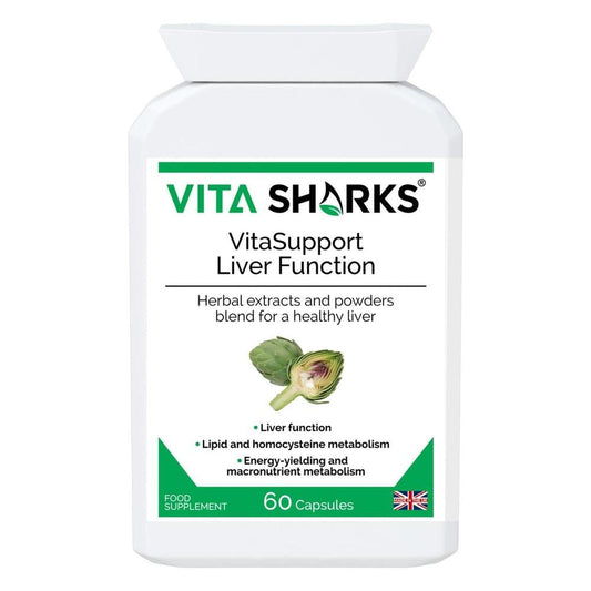 White plastic bottle of VitaSupport Liver Function capsules with a green label featuring an artichoke illustration.