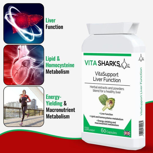 VitaSupport Liver Function supplement bottle with green label, artichoke graphic, and health benefit icons.