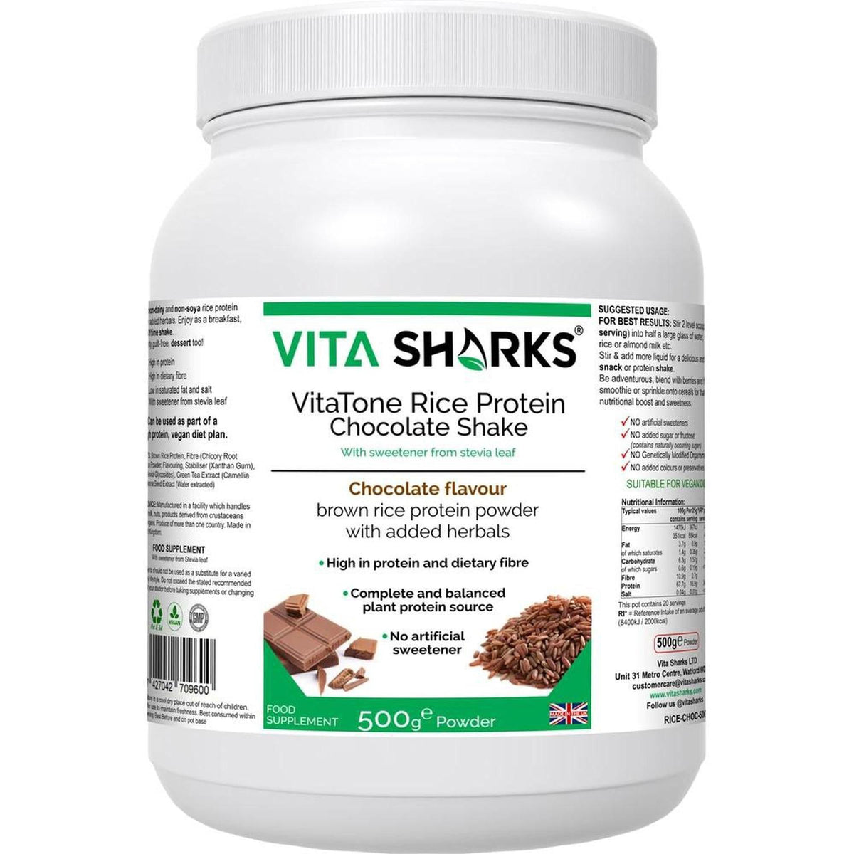 VitaTone 500g white tub of chocolate brown rice protein powder with green branding and nutritional information label.