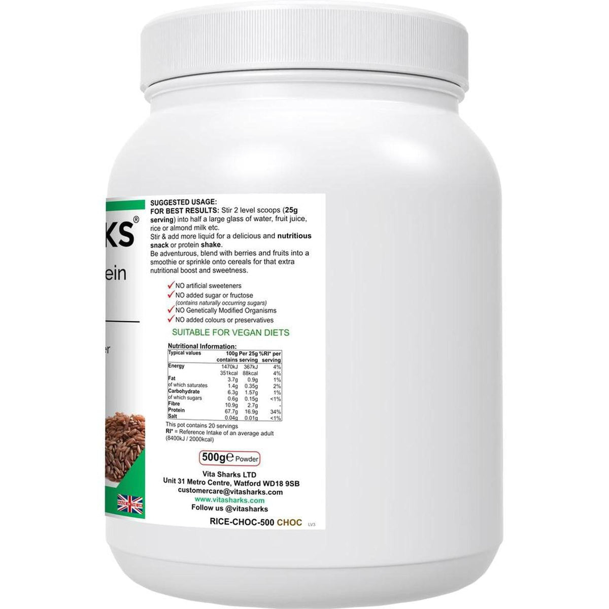 White 500g VitaTone rice protein powder tub featuring a detailed nutritional information label and suggested usage instructions.