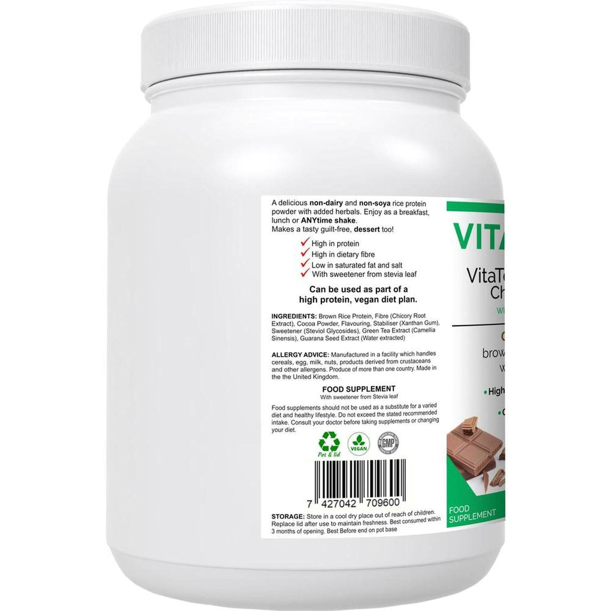 White plastic tub of VitaTone Chocolate Rice Protein powder with a detailed ingredient label and green branding.