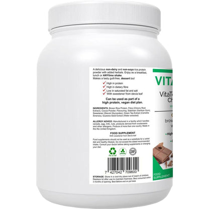 White plastic tub of VitaTone Chocolate Rice Protein powder with a detailed ingredient label and green branding.