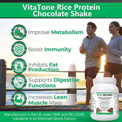 VitaTone chocolate rice protein powder tub next to a jogging couple with a list of health benefits and icons.