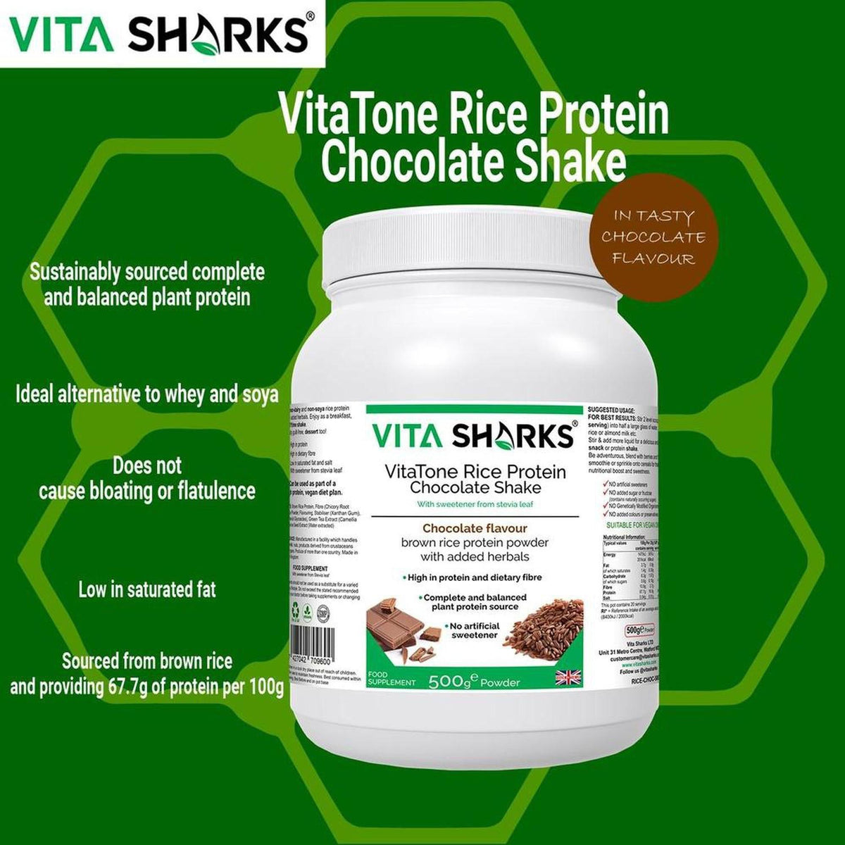 VitaTone chocolate rice protein powder tub with nutritional information and chocolate square graphics on green background.