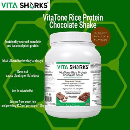 VitaTone chocolate rice protein powder tub with nutritional information and chocolate square graphics on green background.