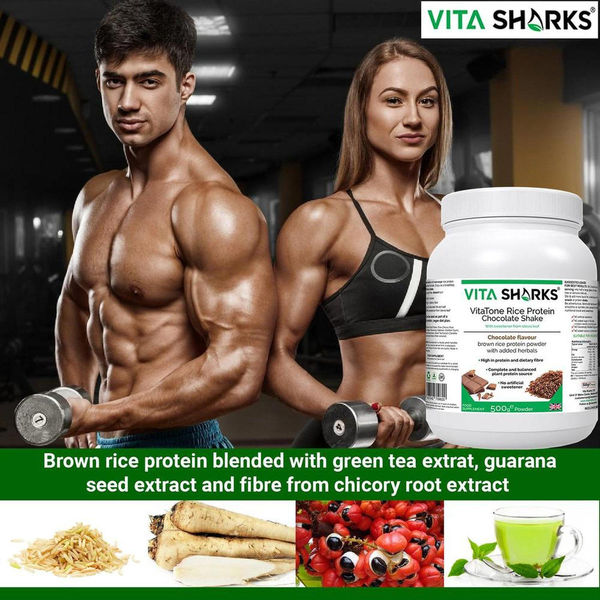 VitaTone chocolate rice protein powder tub next to a fit man and woman holding dumbbells in a gym setting.